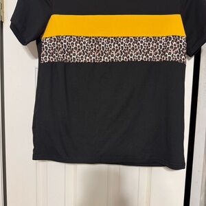 SHEIN Black Tee with Yellow Stripe and Leopard Print